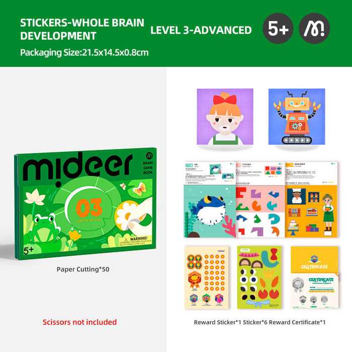 MiDeer Origami Lets Cut Paper Let's Play with Sticker Level up Brain Gamebook For Preschool Children Age 3 to 5