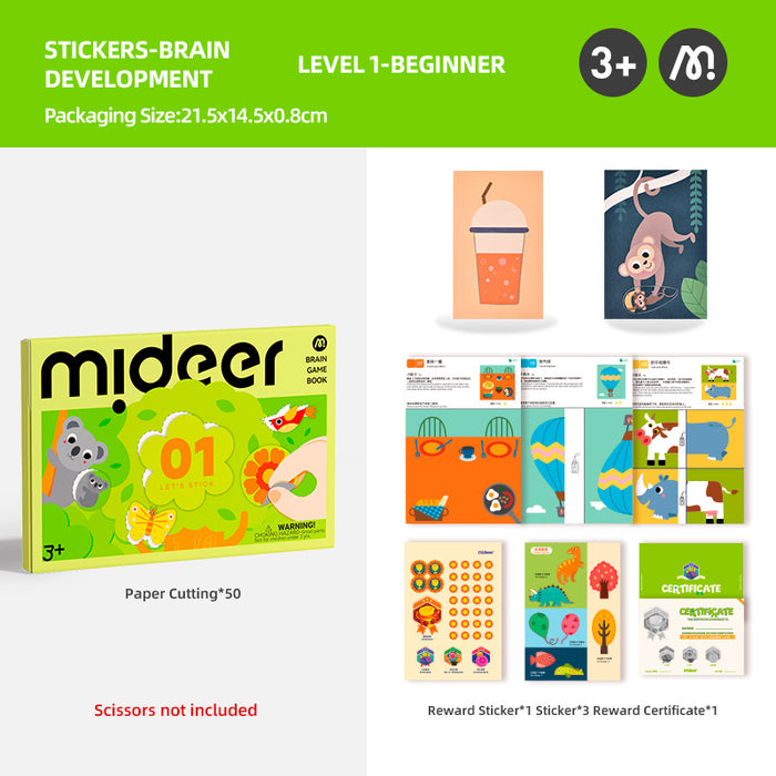 MiDeer Origami Lets Cut Paper Let's Play with Sticker Level up Brain Gamebook For Preschool Children Age 3 to 5