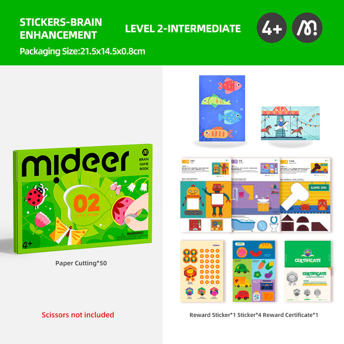 MiDeer Origami Lets Cut Paper Let's Play with Sticker Level up Brain Gamebook For Preschool Children Age 3 to 5