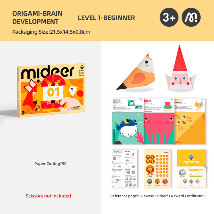 MiDeer Origami Lets Cut Paper Let's Play with Sticker Level up Brain Gamebook For Preschool Children Age 3 to 5