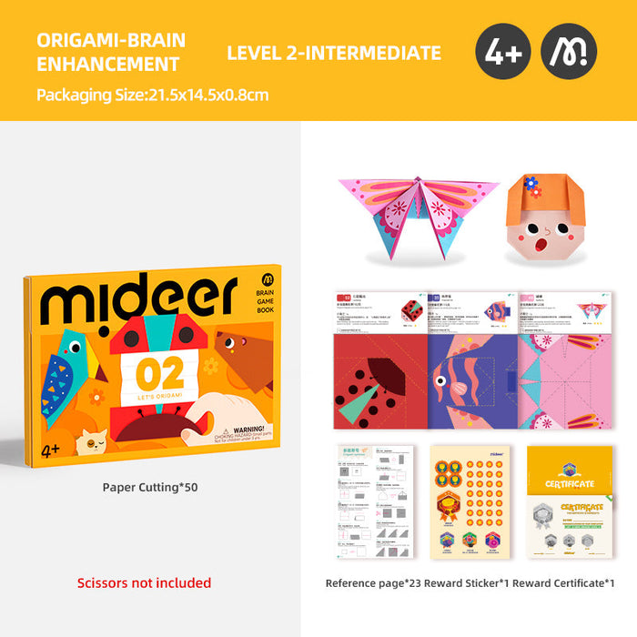 MiDeer Origami Lets Cut Paper Let's Play with Sticker Level up Brain Gamebook For Preschool Children Age 3 to 5