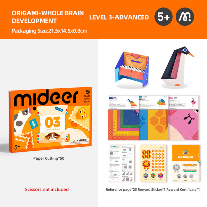 MiDeer Origami Lets Cut Paper Let's Play with Sticker Level up Brain Gamebook For Preschool Children Age 3 to 5