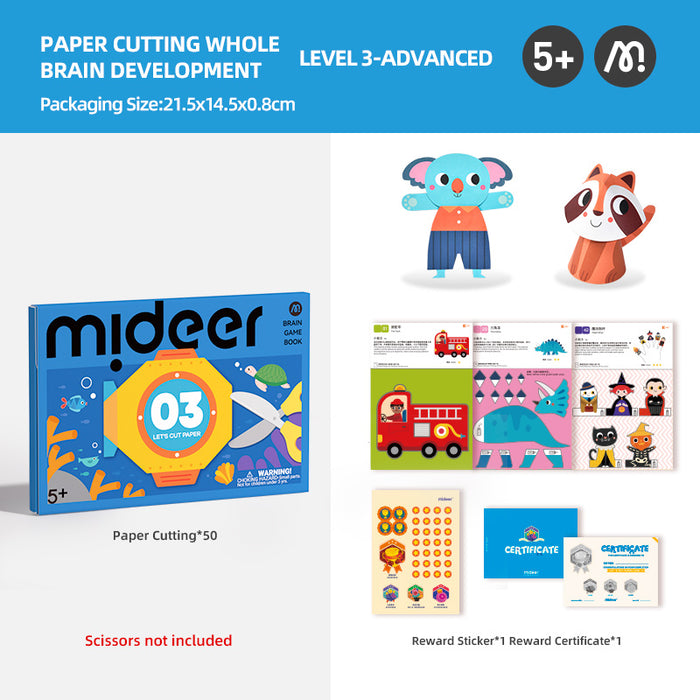 MiDeer Origami Lets Cut Paper Let's Play with Sticker Level up Brain Gamebook For Preschool Children Age 3 to 5