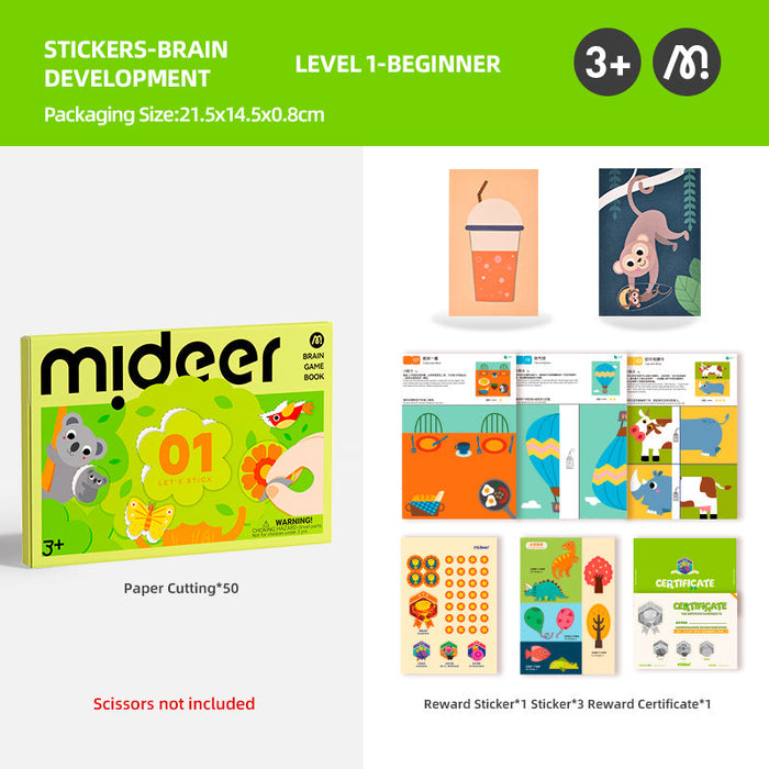 MiDeer Origami Lets Cut Paper Let's Play with Sticker Level up Brain Gamebook For Preschool Children Age 3 to 5