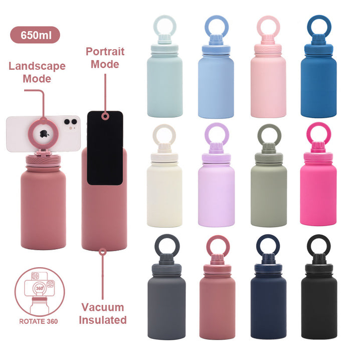 Magnetic Phone Stand Water Bottle - 650ml Stainless Steel Insulated Sports Bottle for Outdoor Use