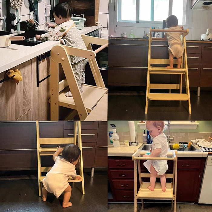 Adjustable Foldable Wooden Kitchen Tower Learning Standing Ladder for Kids up to 80kg