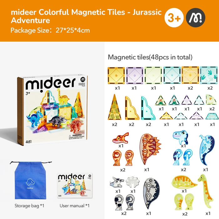 Mideer Colorful Magnetic Tiles: Jurassic Adventure 48pcs